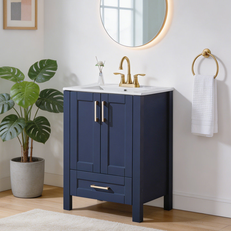 24" Modern Free-Standing  Single Bathroom Vanity, Blue, Gold