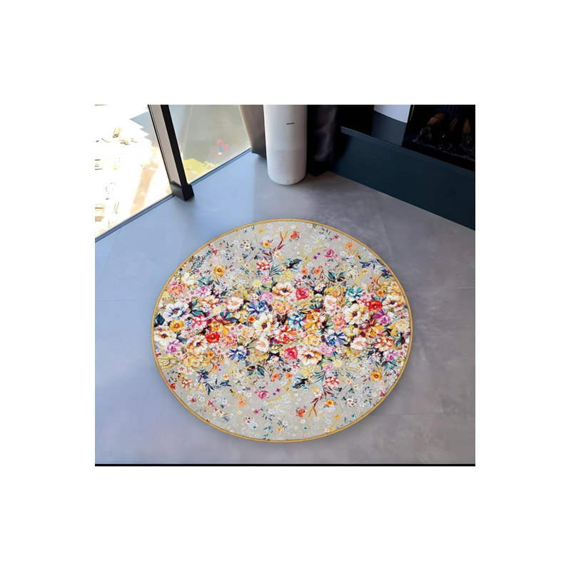 Multicolored Floral Patterned Woven Base Decorative Carpet, Round 3'4"