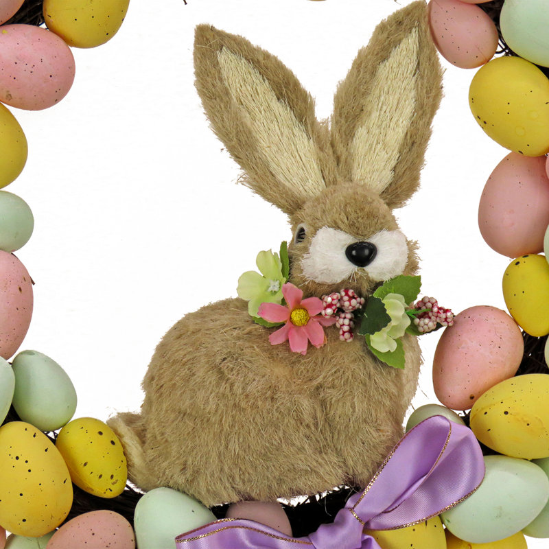 Couronne de Pâques artificielle de 16 pouces décorée avec des œufs pastel, un ruban, un lapin, une décoration intérieure ou extérieure couverte de Pâques