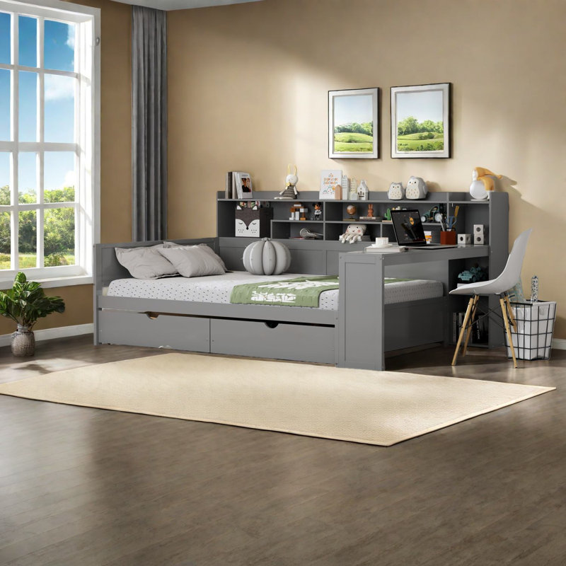 Lits doubles en bois multifonctionnels avec rangement et bureau, design gris moderne