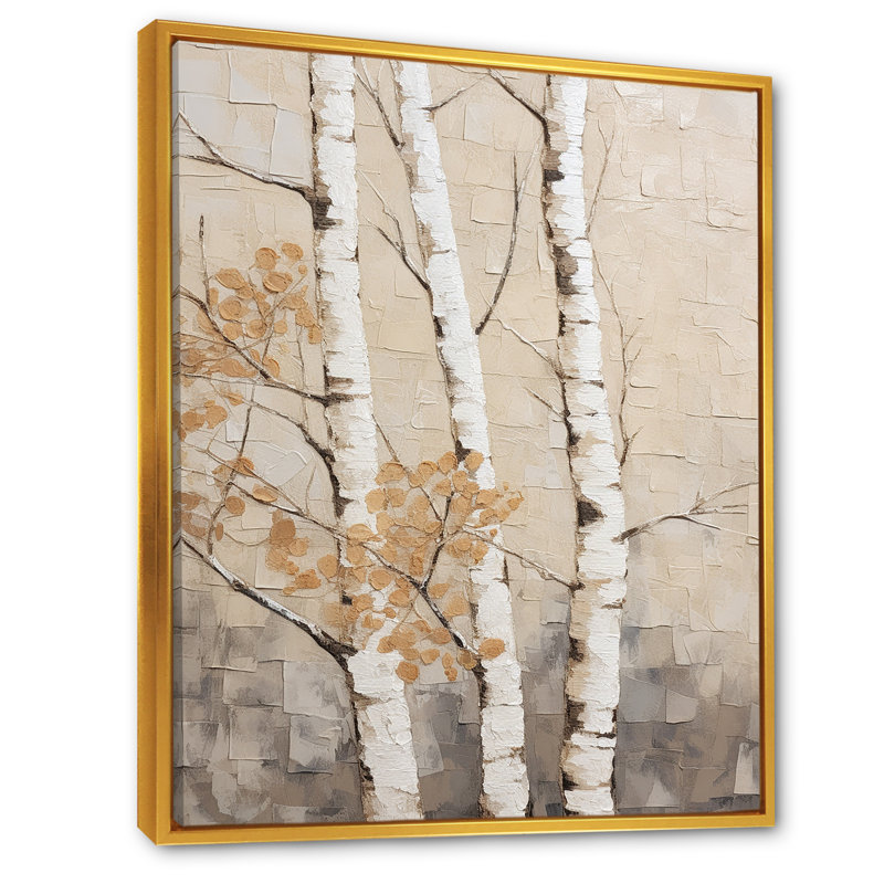 Beige minimalisme arbre bouleau III sur toile, H 44 po x l 34 po x P 1,5 po, Cadre flottant doré