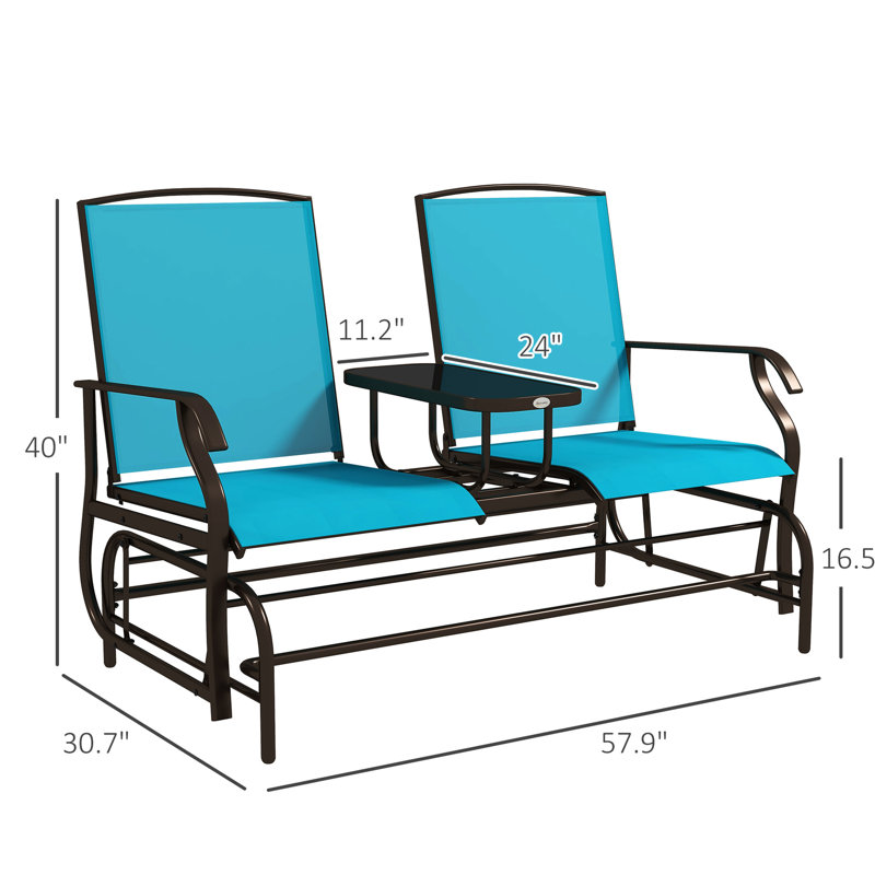Banc coulissant bleu avec table centrale pour patio. Cadre métallique dans la cour, jardin, porche. Tissu respirant, 528 lb Capacité de poids total, cour arrière coulissante double - Divertissement de patio, porche
