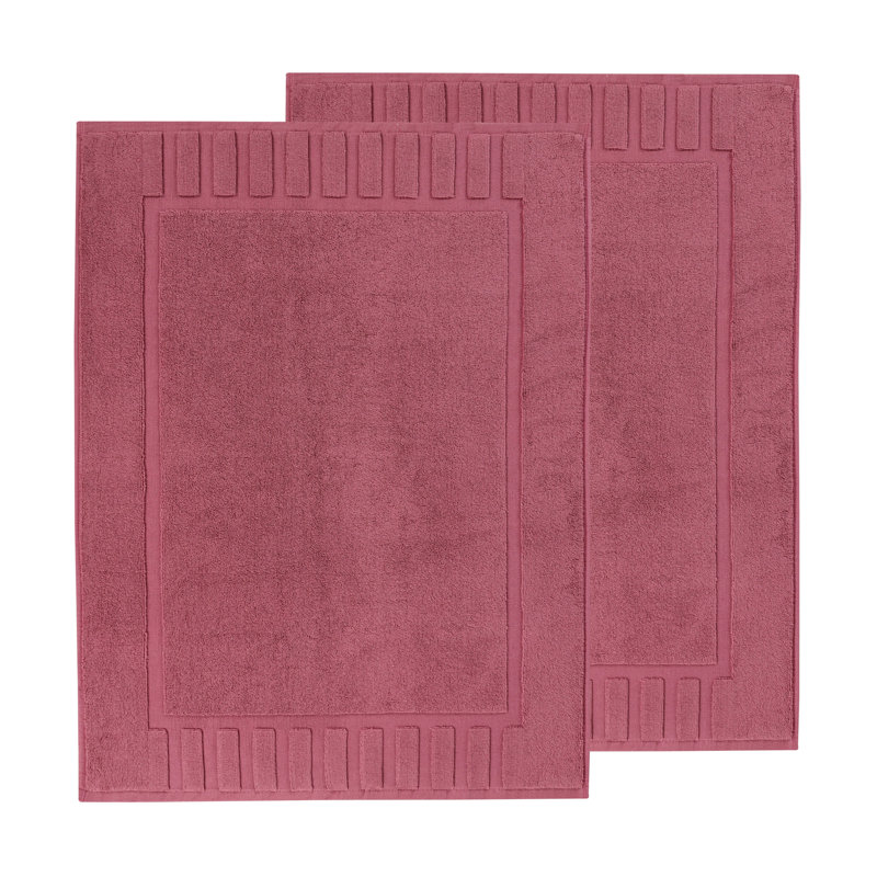 100% Cotton Thick Geometric Border Washable Bath Mats - Set Of 2, Rosewood
