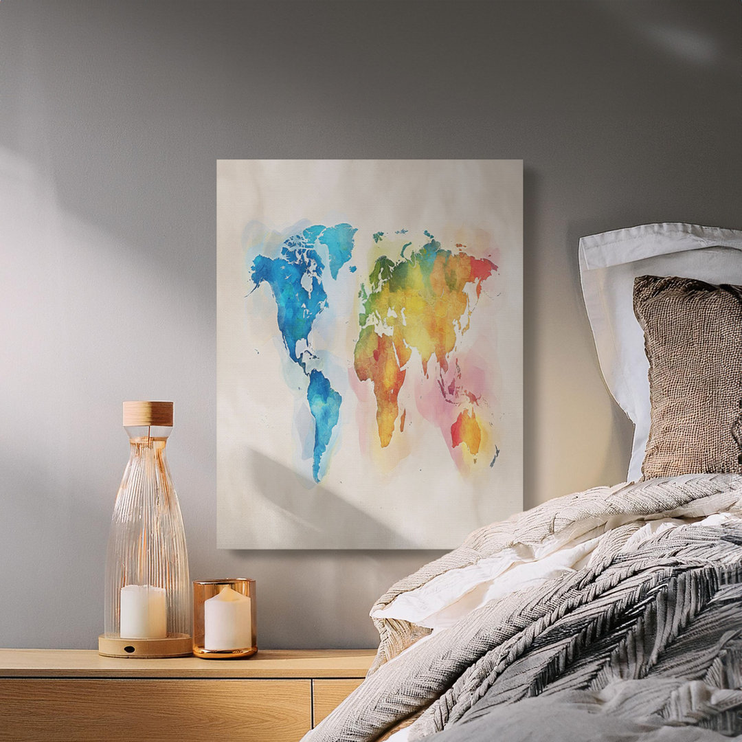 Watercolor World Map Canvas Wall Art, Gallery Wrapped Print, Ready to Hang Decor, Modern Colorful World Map Art, Archival Quality Canvas Art