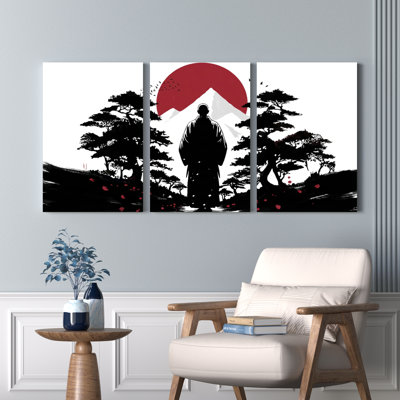 Paysage zen japonais avec silhouette de Samouraï et soleil rouge, reproduction d'art sur toile tendue sur toile, ensemble de 3