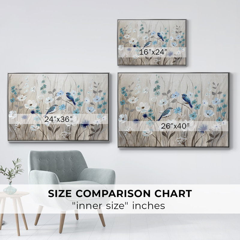 «Bluebirds in Spring», reproduction sur toile flottante, H 25 po x l 37 po x P 2 po, Argent