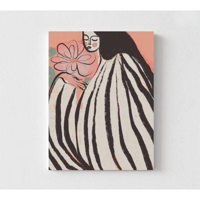 Reproduction d'art moderne de femme figurative - robe rayée audacieuse et illustration florale