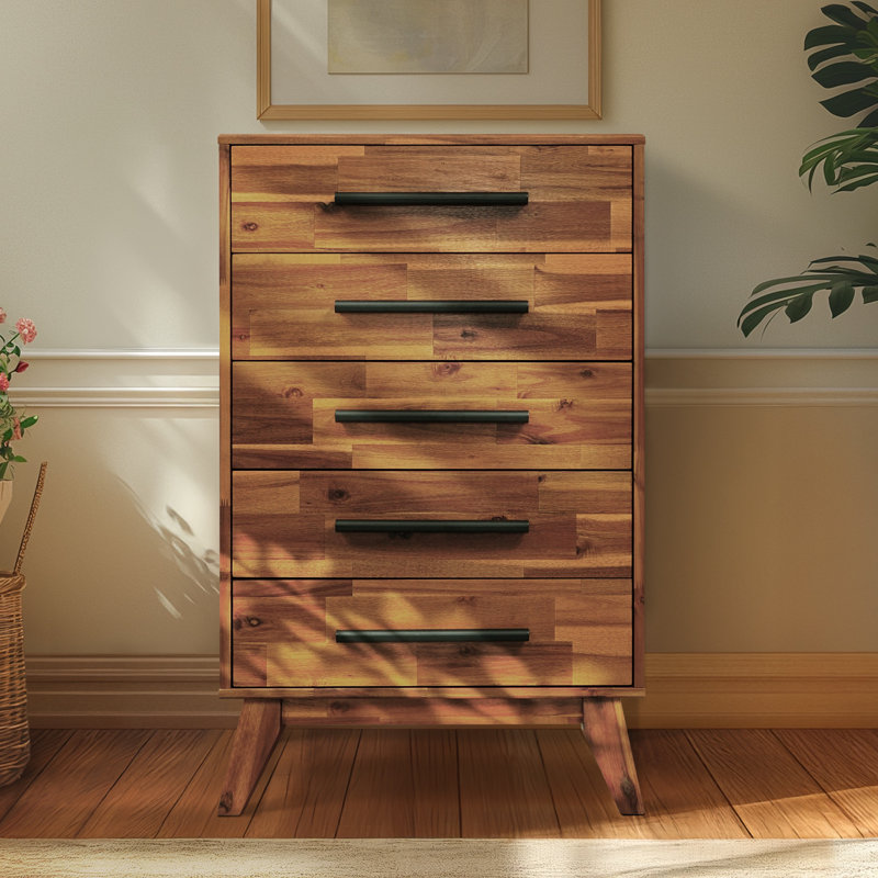 Millwood Pines Linea Solid Wood Dresser with 5 Drawers Chest of Drawers, Walnut