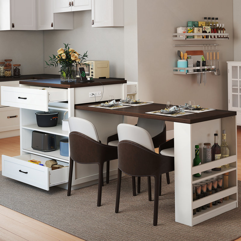 Îlot de cuisine extensible avec table coulissante et rangement, parfait pour une salle à manger flexible et une utilisation efficace de l'espace