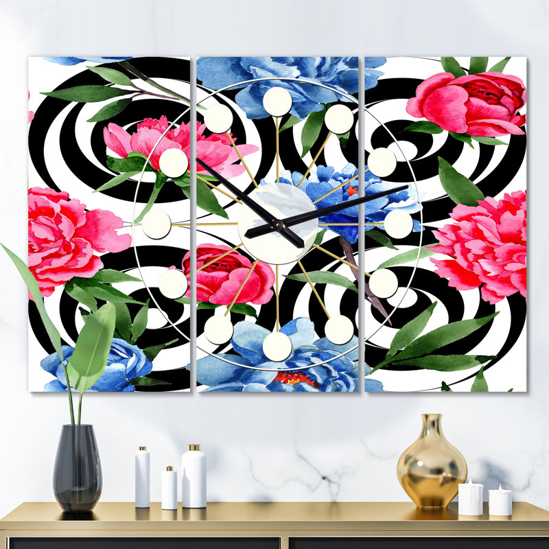 Très grande horloge murale floral rétro Mid-Century