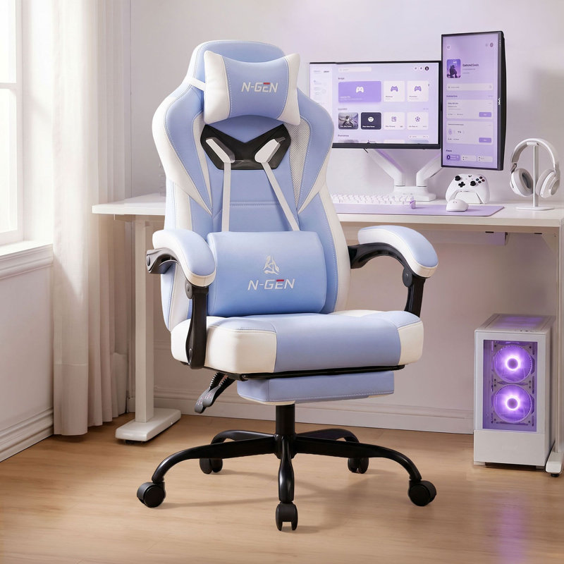 Fauteuil de jeu inclinable et ergonomique en cuir synthétique haut dossier avec repose-pieds 400 lb, Blanc/mauve