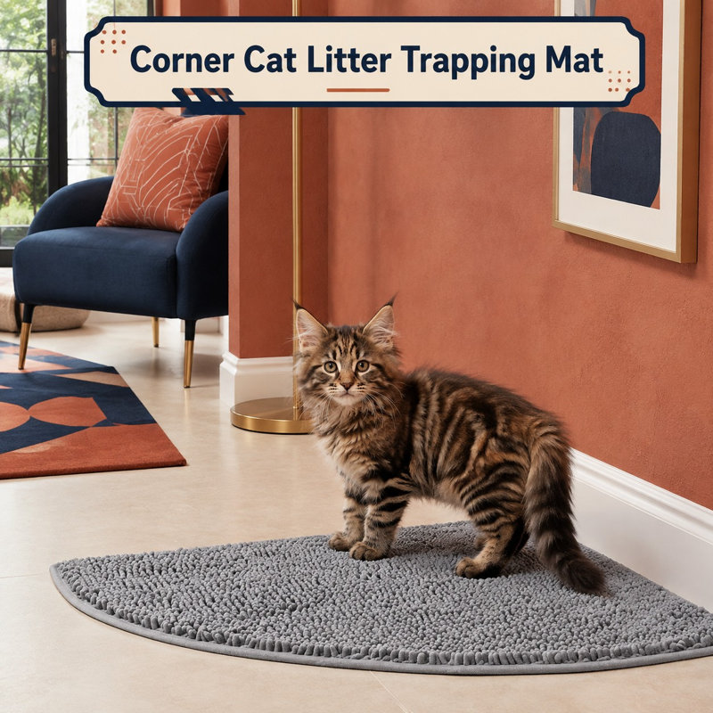 Tapis d'angle gris clair 31 x 31 pouces pour litière, avec une surface texturée retenant les débris et une conception d'angle pour les bacs à litière ; le tapis est imperméable, antidérapant, lavable à la machine, facile à nettoyer et possède une protection imperméable contre les saletés au sol.