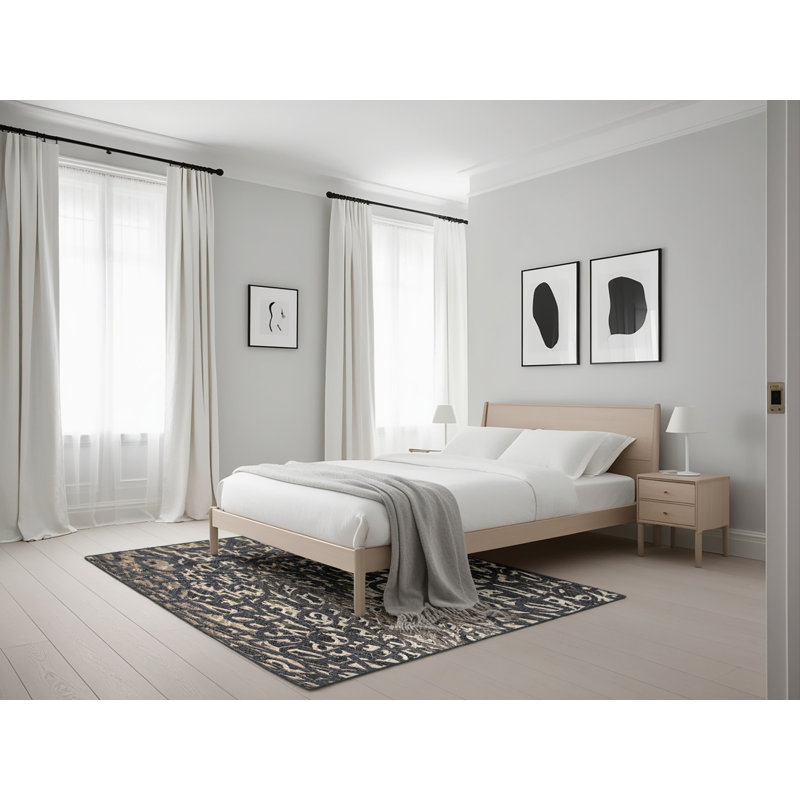 Tapis noir/blanc cassé tissé à la machine, Rectangle 5 pi x 7 pi