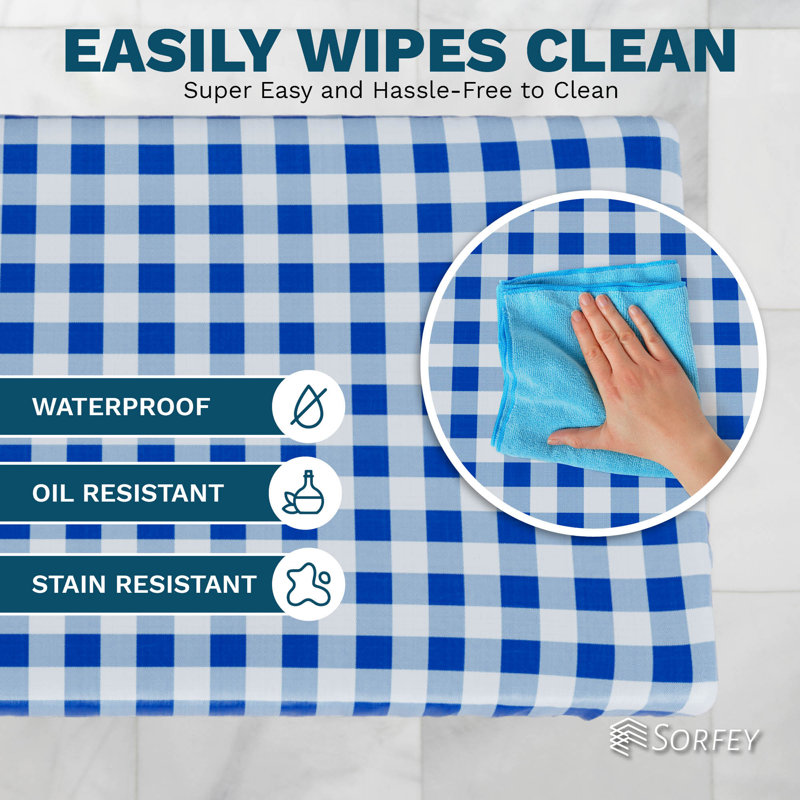Sorfey Indoor/Outdoor Vinyl Elastic Edge Fitted Tablecloth Cover. Checkered Design, Flannel Backed Leak Proof Lining, Easy To Clean. Stretched To Fit Rectangle Table
