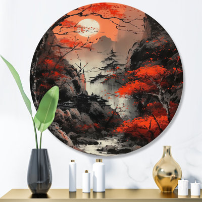 Lune et érable japonais III - paysage japonais, art mural rond en métal