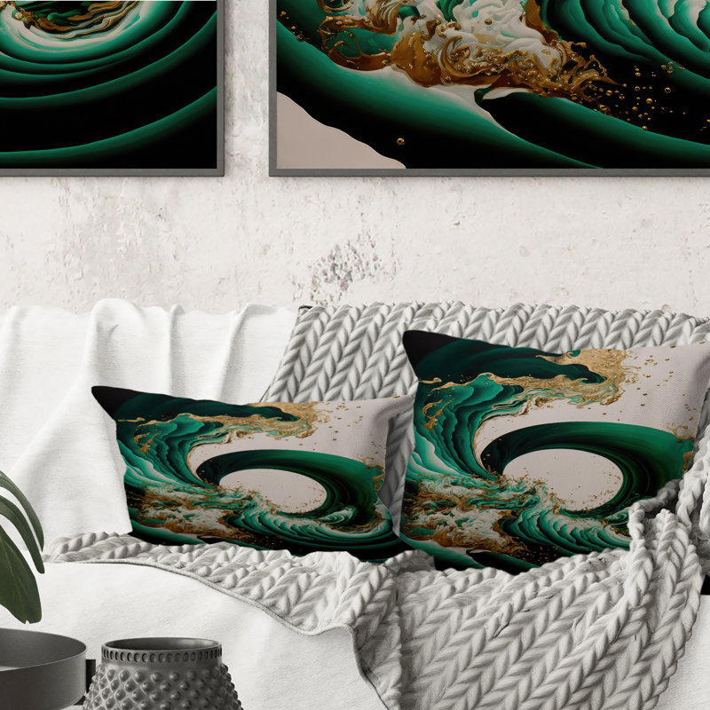 Vert émeraude et vagues abstraites dorées IV - Coussin abstrait à spirales imprimées, H 12 po x l 20 po, Rectangulaire