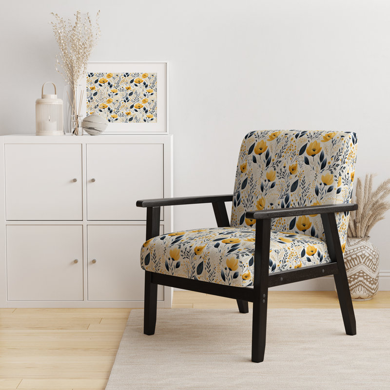Motif floral jaune bohémien - fauteuil rembourré floral et fauteuil Cottage, Accoudoirs carrés noirs