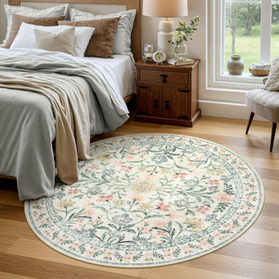 Round Washable Rug, Soft Floral Round Rugs  Circle Carpets For Bedroom Ultra-Thin, Boho Beige Print Distressed Circular Carpet For Living Room Dorm Bedside