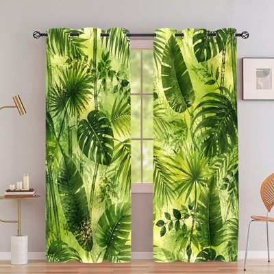 2Pcs Tropical Leaf Botanical Print Grommet Blackout Curtains, Lush Exotic Foliage Pattern, Polyester Window Drapes, Thermal Insulated, Noise Reducing & Privacy Protection, Decorative Stylish Indoor Home Decor for Bedroom, Living Room