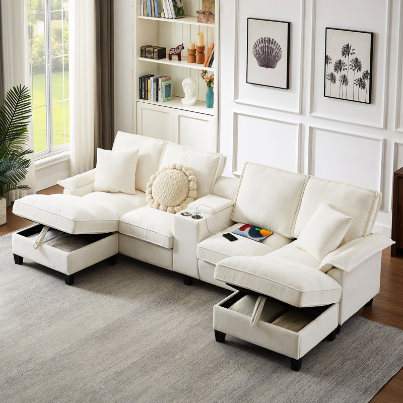 Canapé modulaire en U en velours côtelé avec méridienne, console et porte-gobelets