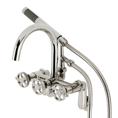 Kingston Brass Webb Three-Handle 2-Hole Adjustable Wall Mount Clawfoot Tub Faucet with Knurled Handle and Hand Shower