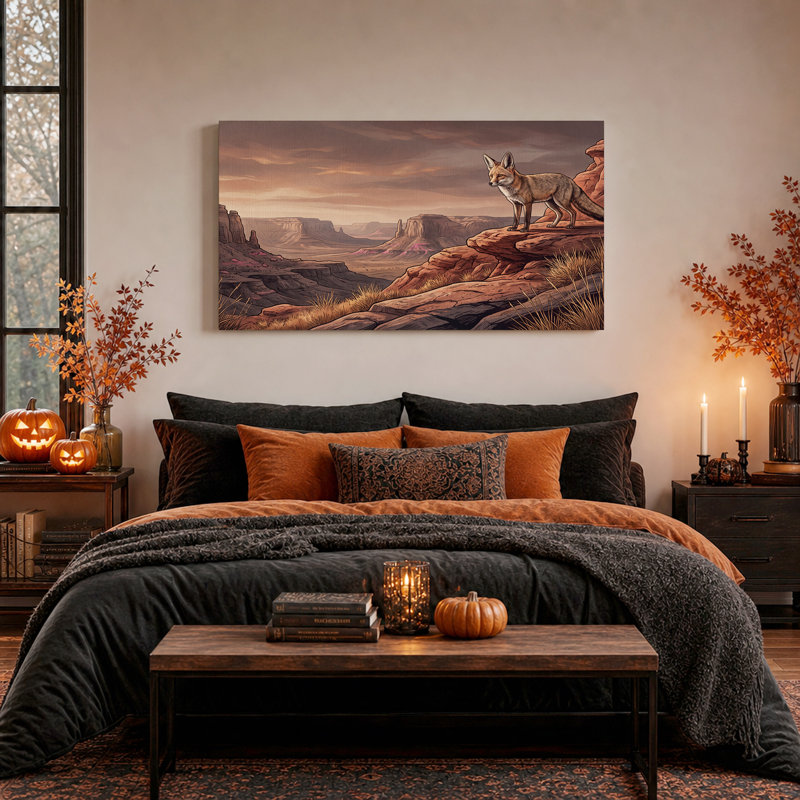 Toile murale d'Halloween représentant un renard debout sur Red Rock Mesa au coucher du soleil, L 40 po x H 20 po