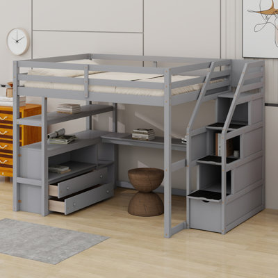 Loft Bed With Desk And Shelves, Two Built-In Drawers, Storage Staircase