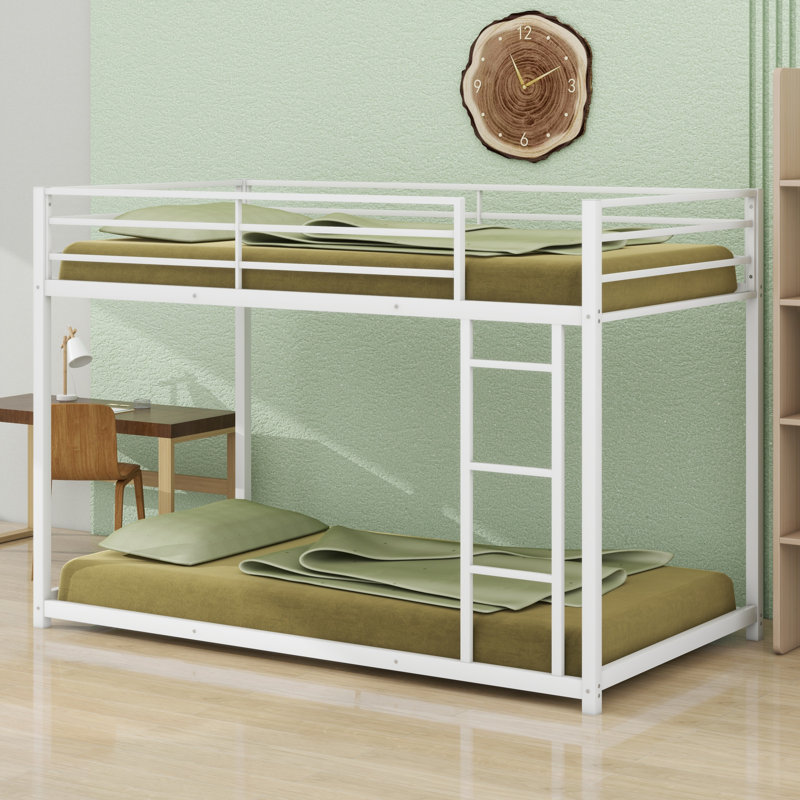 Metal Low Bunk Bed With Ladder, White