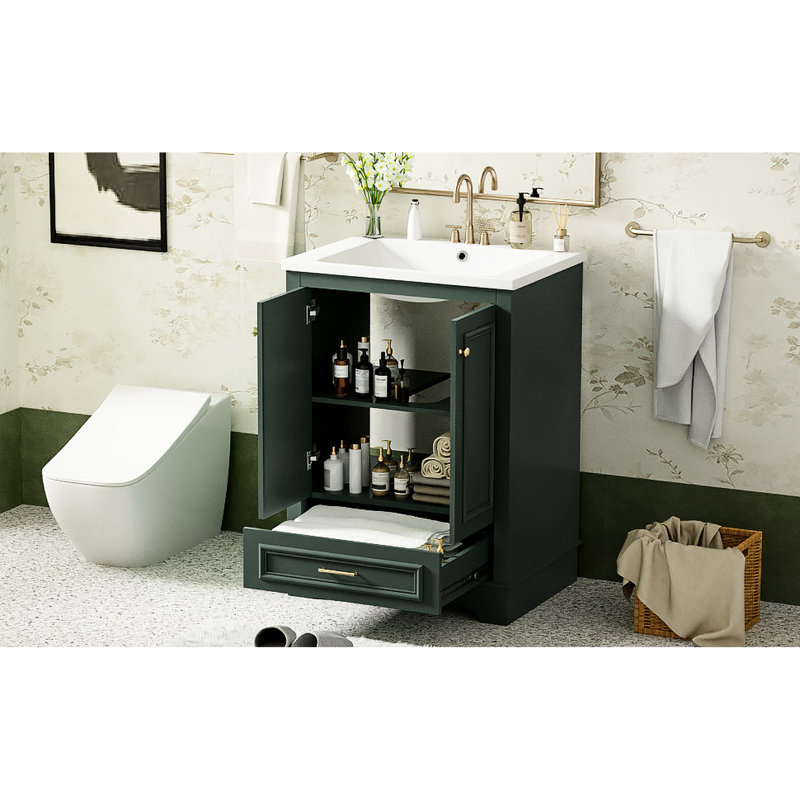 Armoire de salle de bain moderne avec lavabo en céramique de 24 po, intérieur fonctionnel et attrayant avec poignées argentées élégantes