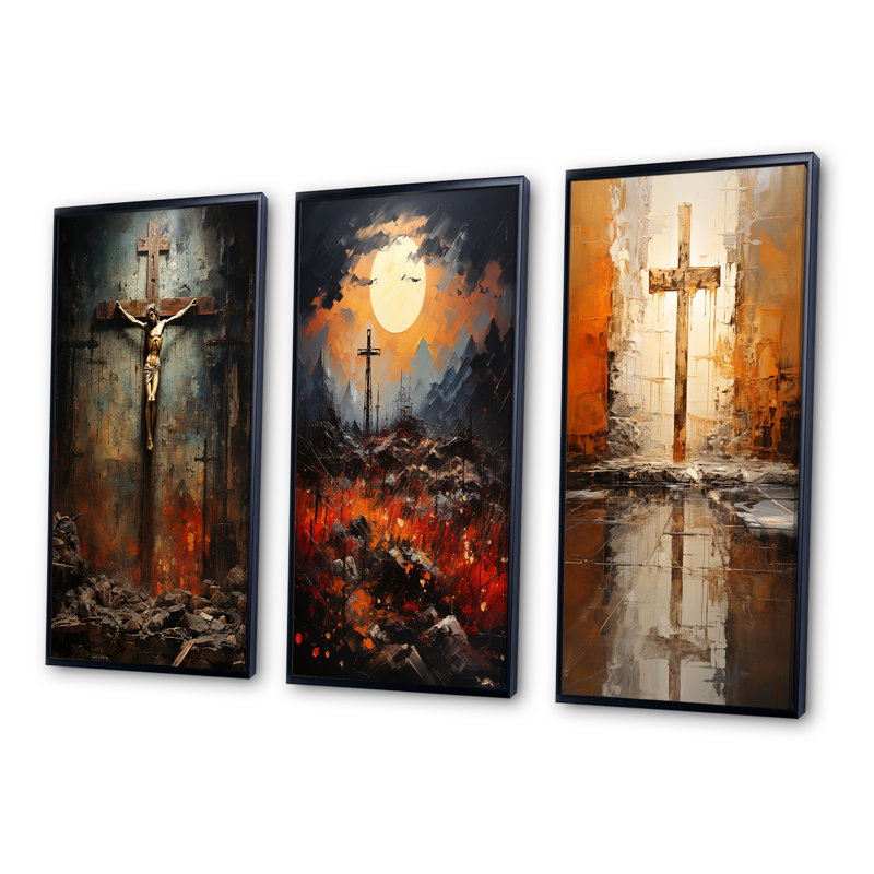 «Christianity Crucifixion Darkness The», 3 pièces, Cadre noir, H 28 po x l 36 po