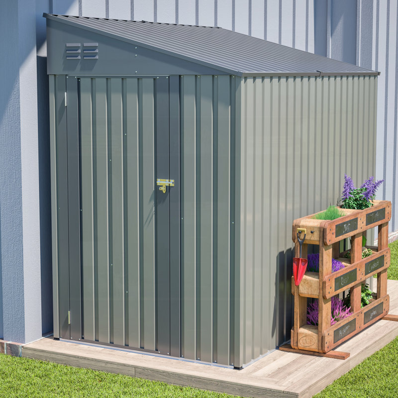 Lean-To Shed In Olive Grey, Heavy-Duty Steel Outdoor Storage For Garden Tools & Bicycles, Maximize Your Backyard & Patio Space With All-Weather Protection