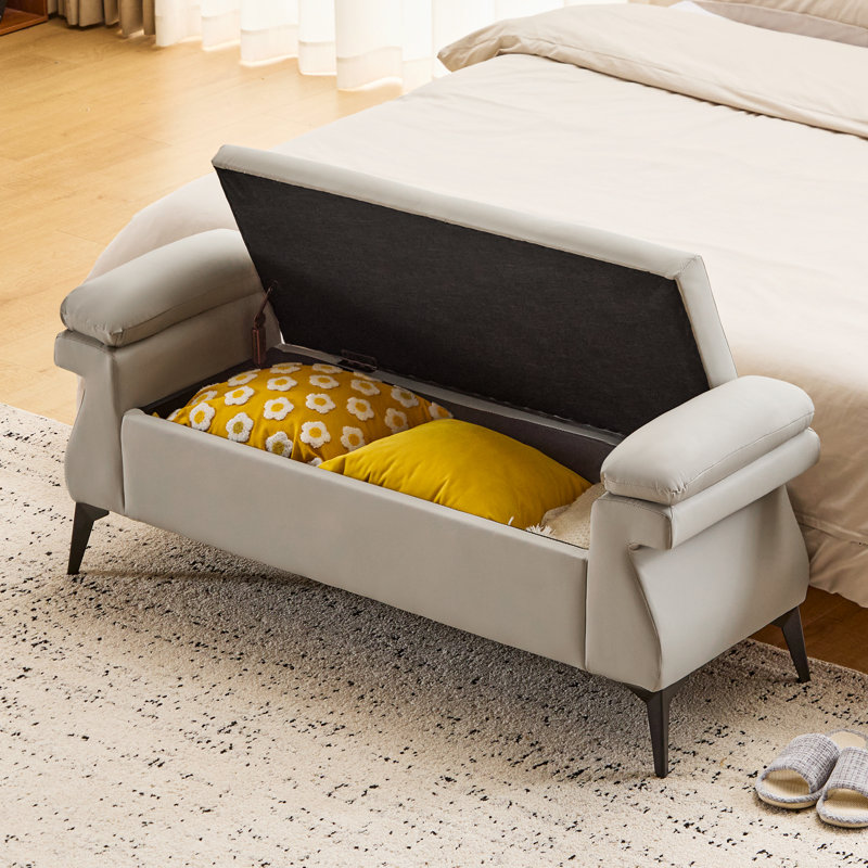 Upholstered Flip Top Storage Bench with Armrest, End of Bed Bench with Metal Legs for Living Room, Bedroom, Entryway, Gray