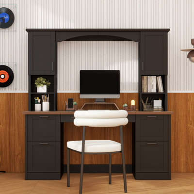 Bureau d'ordinateur Farmhouse avec arche avec huche, poste de travail Mid-Century en noyer avec station de charge et plateau à clavier, bureau d'écriture tout-en-un avec tiroir classeur pour bureau, noir