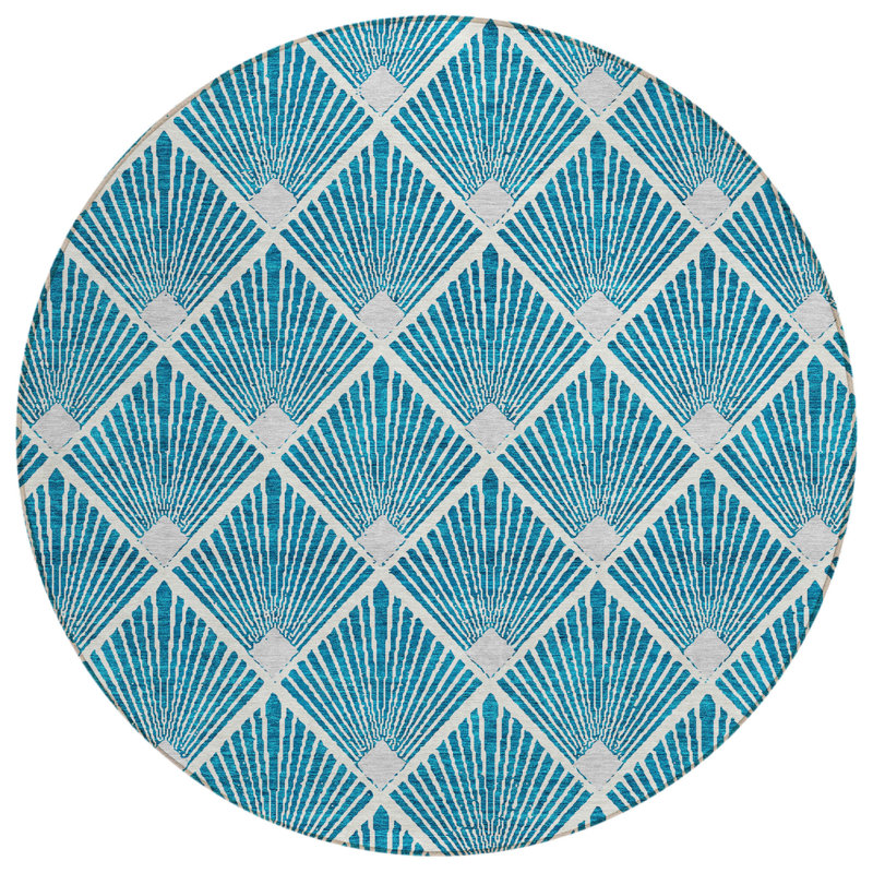 Tapis intérieur / extérieur rond lavable bleu sarcelle et ivoire HomeRoots 8 pi