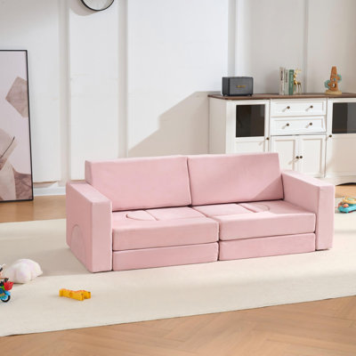 Ensemble de jeu modulaire 14 pièces pour enfants, canapé modulaire pour enfant, ensemble de jeu polyvalent pour blocs de construction pour tout-petits pour chambre de jeu, mousse convertible et coussin de plancher pour les cadeaux des filles (rose)