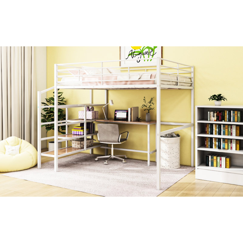 Lit mezzanine en métal blanc avec bureau et rangement latéral - Meuble de bureau latéral fonctionnel et contemporain essentiel