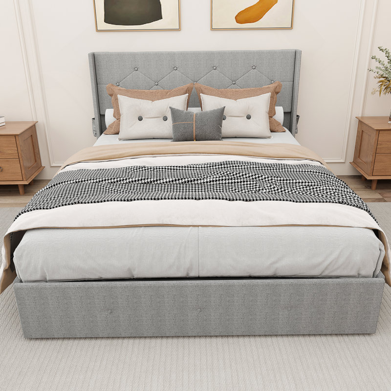 Cadre de lit grand avec rangement - Lit de rangement relevable avec tête de lit moderne à oreilles, ports USB, Gris clair