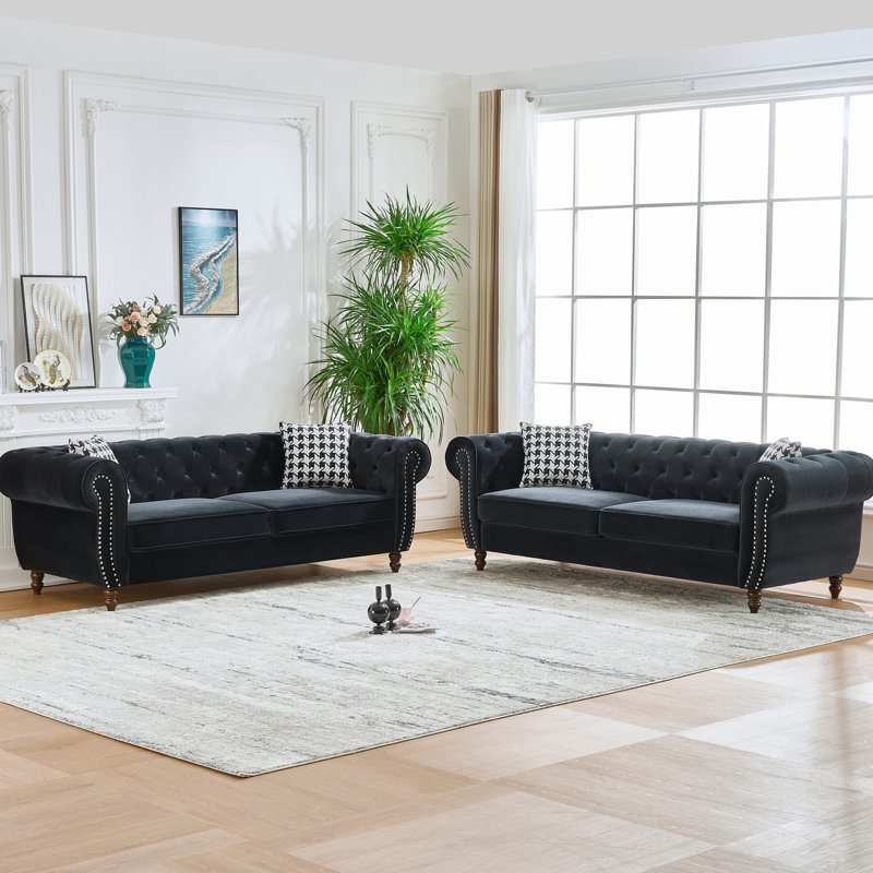 Luxueux canapé Chesterfield 3 + 3 places en velours avec accoudoirs roulés et têtes de clou, pour des sièges élégants et confortables