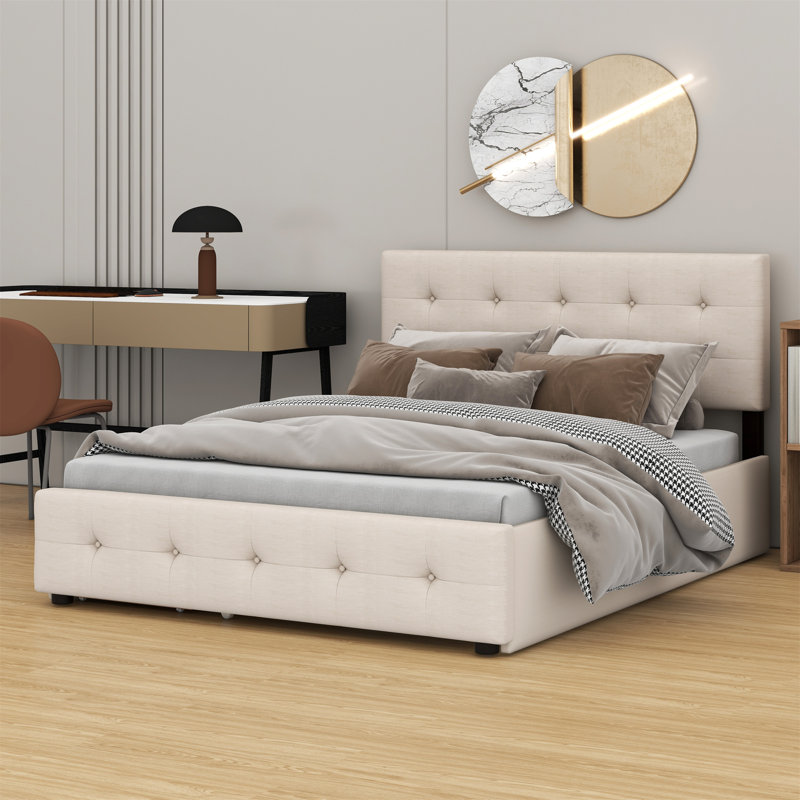 Lit plateforme tapissier avec 2 tiroirs et lit gigogne, Beige foncé