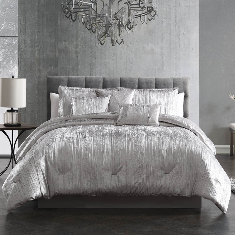 King Silver Crinkle Velvet 7-Piece Comforter Set