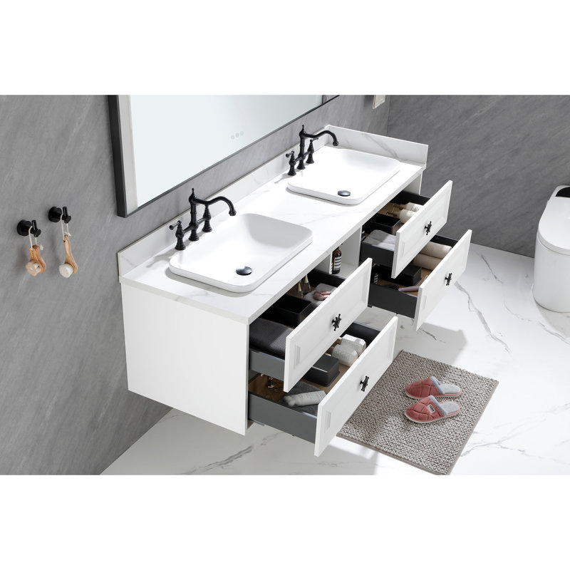Meuble-lavabo Rania Hung de 72 po, compatible avec deux lavabos, meuble seulement (comptoir et lavabos non inclus), Blanc