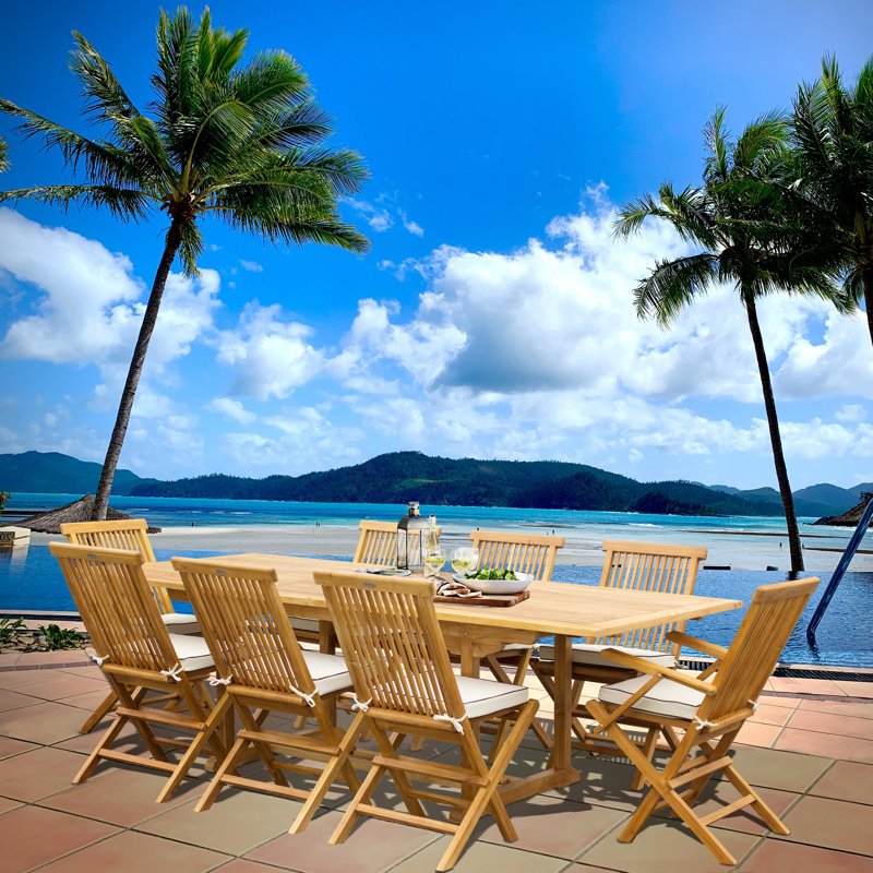 8 - Person Teak Wood Patio Dining Set with Rectangular Table , Cushions Included