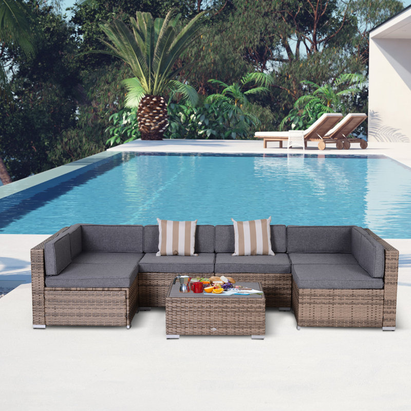 Ensemble de canapé modulaire d'extérieur en osier 7 pièces Outsunny, ensemble de conversation moderne en rotin avec coussins et table, gris