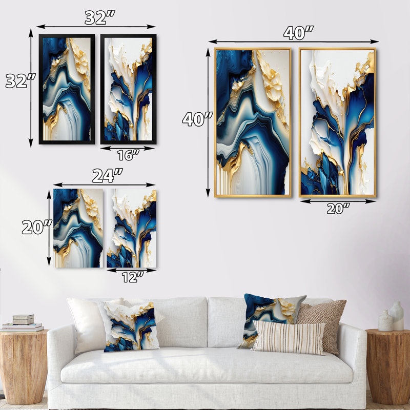 Abstract Geode Gold And Blue Marble - Marble Abstract Wall Decor Set Of 2, 20" H x 24" W, Wrapped Canvas