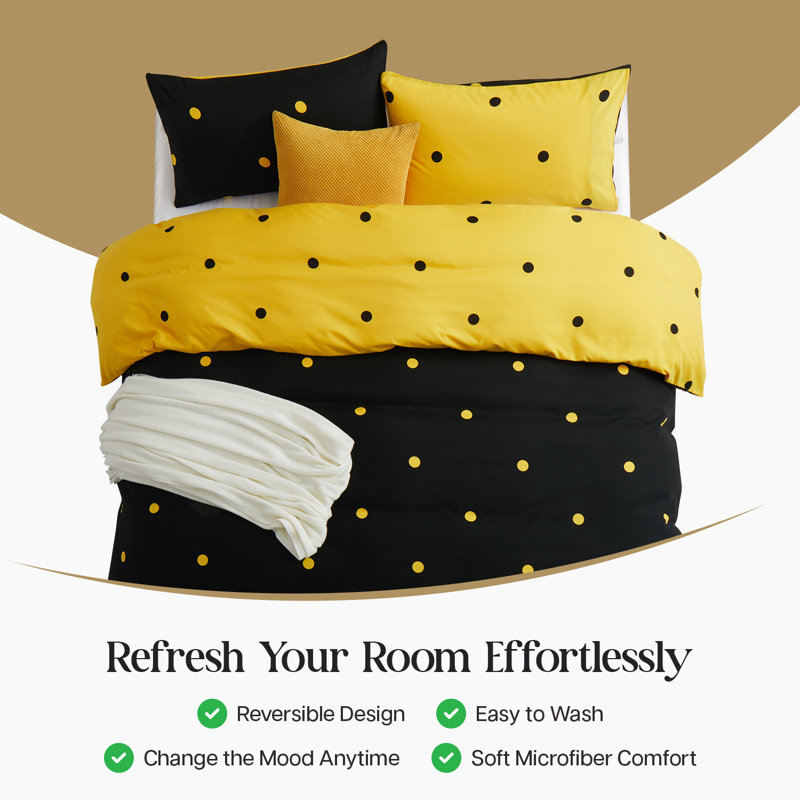 Dual Pattern Reversible Brushed Microfiber Printed Duvet Cover Set With Matching Pillow Covers, Black/Yellow Polka Dots