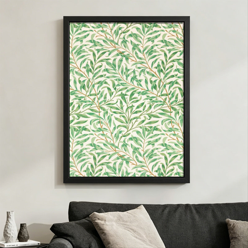 Branches de saule abstraites modernes avec feuilles vertes, motif complexe, style illustration botanique. Art mural 24 "x 36" avec cadre en bois noir