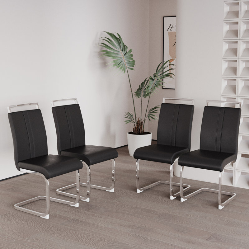 Ensemble de 4 chaises de salle à manger modernes, dossier haut rembourré avec pieds en forme de C, 4, Argent argent, Noir