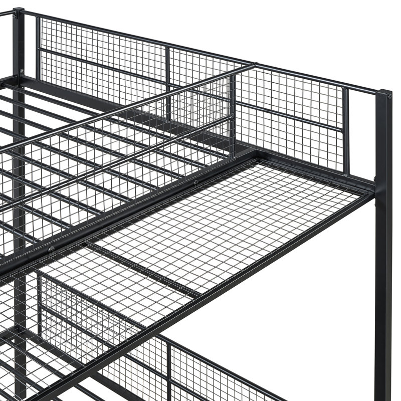 Lit superposé simple au dessus d'un lit double en métal, noir. 5 tablettes pour plus de rangement. Convient aux soirées pyjama et aux invités. Pièce élégante. Soirées pyjama. Construire