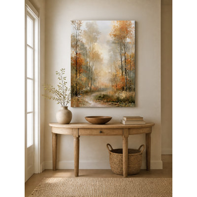 Tableau sur toile tendue « Chemin forestier brumeux doré »
