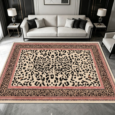1pièces de tapis à bordure rose à imprimé léopard rétro pour le salon, doux et confortable, convient à toutes les saisons, facile à entretenir, lavable à la machine, tapis de dessous de table convenant à la table à manger, à la chambre à coucher, au vestibule de la cuisine,